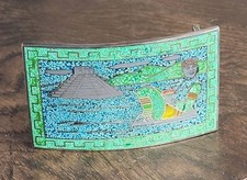 Vintage Taxco Crushed Turquoise Inlay Stone Belt Buckle Mayan Pyramid MEXICO