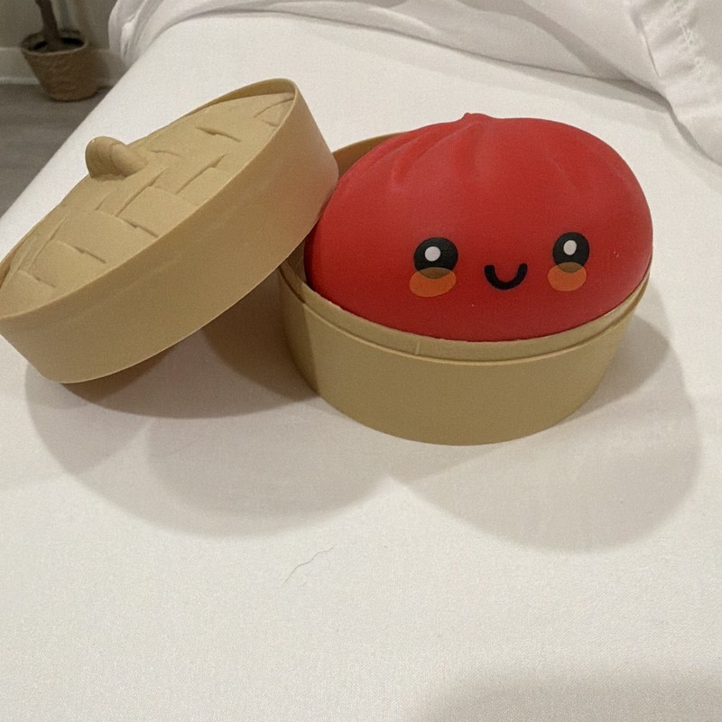 Red Gel Squishy Bun/Dumpling Squeeze Stress Ball Toy w/ Face in Basket 4in