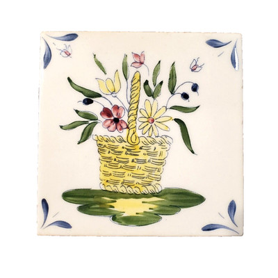 Vintage White Tile 4.25'' Square Flower Yellow Basket Floral Trivet Made in USA 