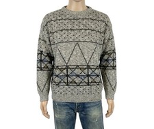 Mens Vintage 80s Italian Jumper Grey Patterned Crew Neck Retro Indie Large 44"