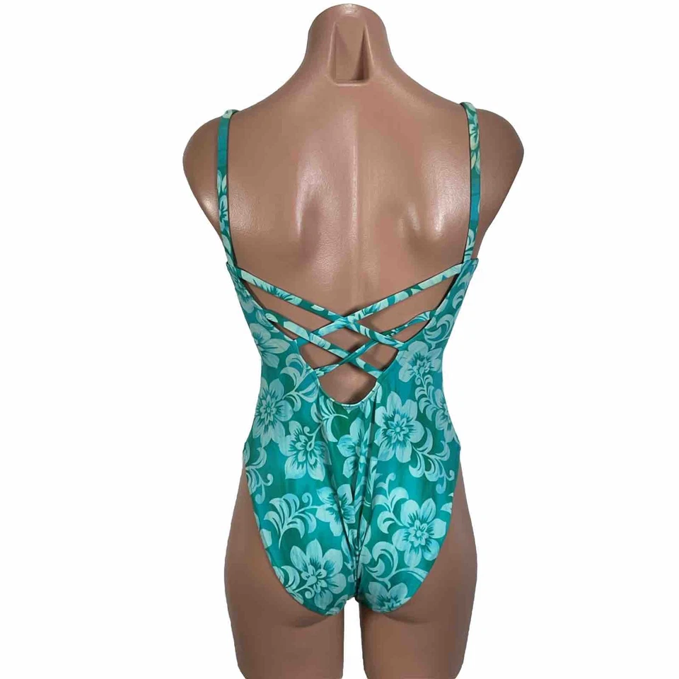 Vintage 90s y2k Leilani One Piece Swimsuit Size 10 Aqua Blue Floral Hi-Cut - Image 2 of 4