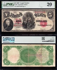 NICE Bold & Crisp VF 1907 $5 "WOODCHOPPER" US Legal Tender Note! PMG 20! 72353