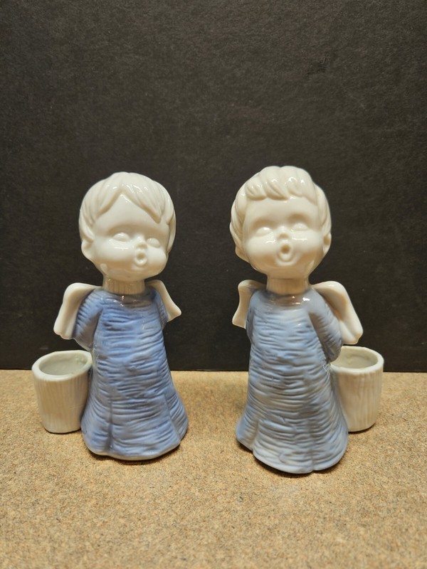ENESCO Porcelain Blue Angel 4.75" Christmas Candle Holder Set ~ Left & Right