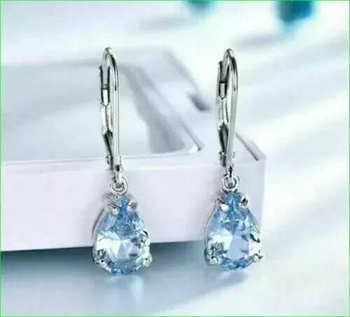4Ct Pear Cut Simulated Aquamarine Stunning Iced Hoop Earrings925 Sterling Silver - Picture 5 of 8