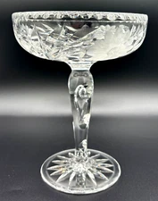 American Brilliant Cut Crystal Glass Compote Etched Flowers Leaves Handblown VTG