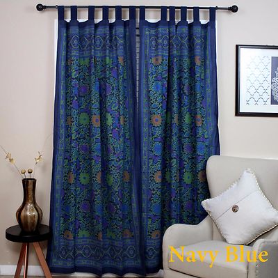 Handmade 100% Cotton Sunflower Floral Tab Top Curtain Drape Door Panel Navy Blue