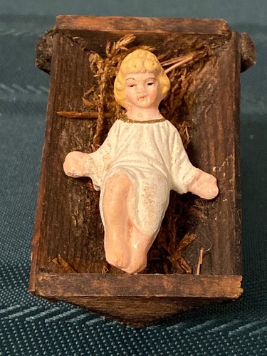 ANTIQUE ERZGEBIRGE GERMANY NATIVITY PUTZ FIGURE BABY JESUS MANGER PAPER MACHE