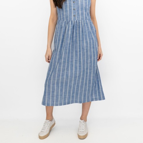 Seasalt Womens Dress Blue Stripe Creek Cottage Midi Button Woven Pockets Cotton - Picture 8 of 11