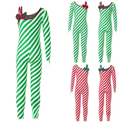 Kids Girls Christmas Dance Costume Sequins Candy Cane Striped One Piece Jumpsuit - Picture 4 of 93