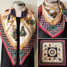 Vintage Silk Jacquard Red/Navy/Gold Equestrian print Scarf 84cm x 84cm Handroll