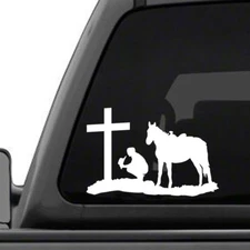 Cowboy holding his hat and Praying at a Cross, vinyl decal for truck trailer
