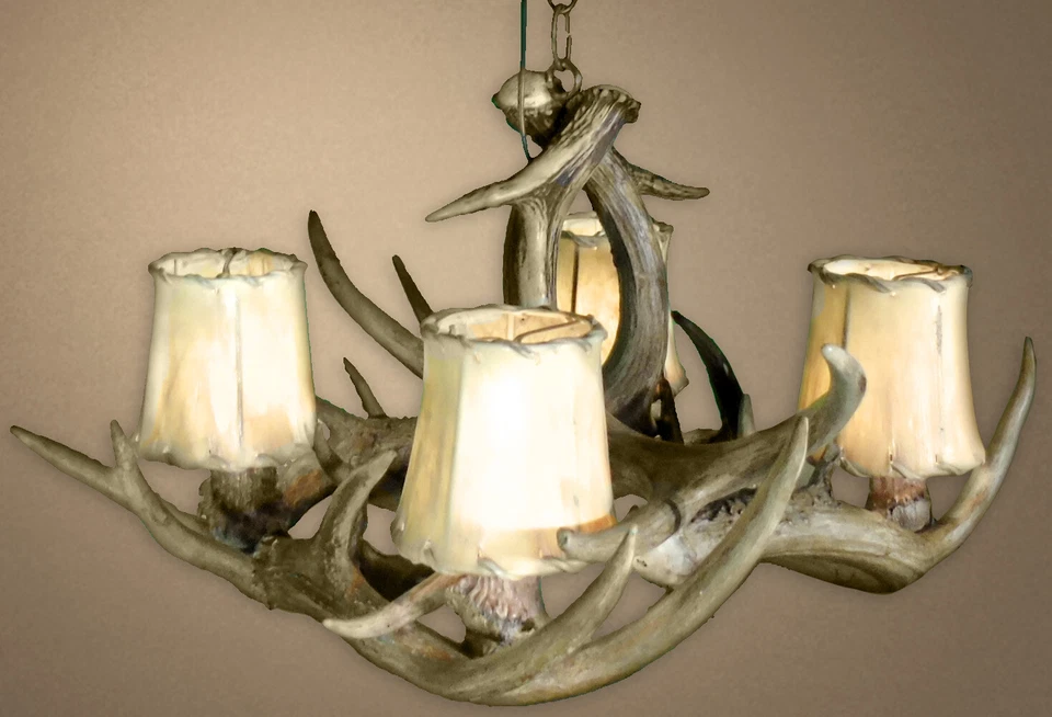 CANDELABRO DE CIERVO COLA BLANCA REAL CON ASTA 4 LÁMPARAS. LUCES RÚSTICAS DE CDN #U5 Foto 2 de 3