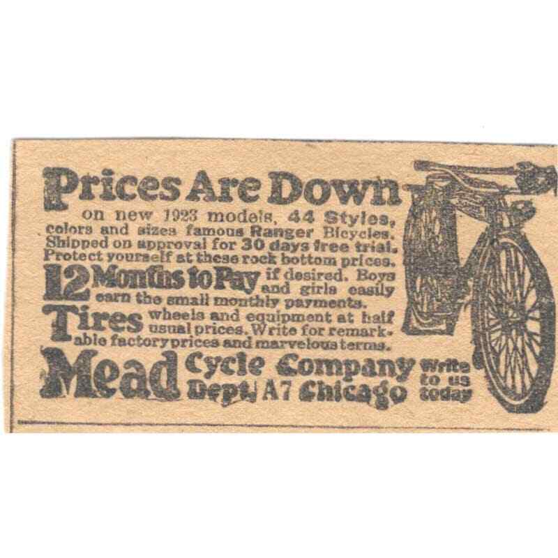 Mead Cycle Company Chicago Ranger Bicycles 1923 Magazine Ad Clip AE17