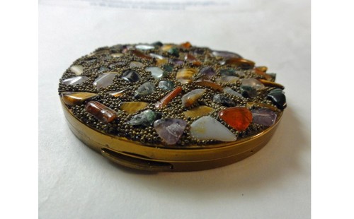 Vintage Powder Compact Multi Color Real Semi-Precious Stones Sam Fink Label - Picture 2 of 8
