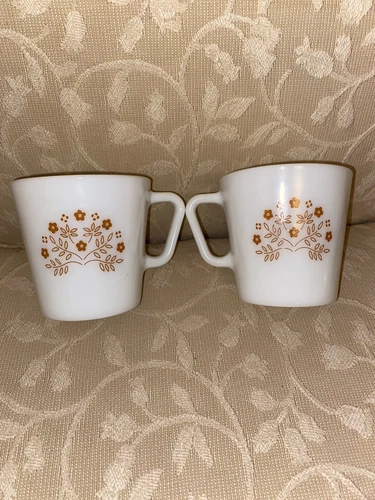 2 Vintage Pyrex Glass Set Brown Flower Summer Impressions Coffee Mugs Cups