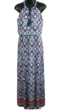 Antibes Blanc Womens Sleeveless Maxi Dress Small Floral Blue Multi Boho Keyhole