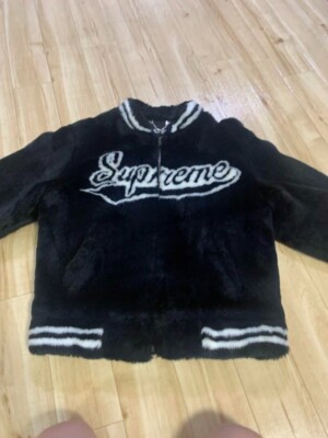 SUPREME FAUX FUR VARSITY JACKET BLACK Real Fur Zip-Up Size M SUPREME FAUX FUR VARSITY JACKET BLACK Real Fur Zip-Up Size M