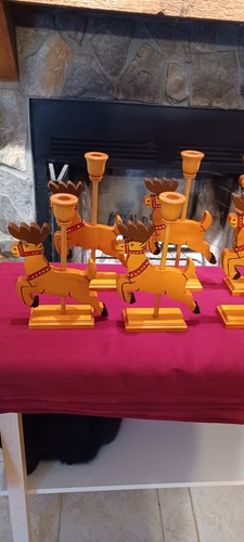 SET OF 8 HAND CRAFTED WOOD REINDEER + SLEIGH CANDLE HOLDERS! CHRISTMAS - Picture 4 of 8
