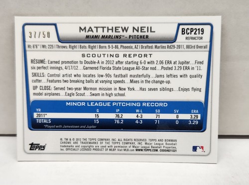 MATTHEW NEIL 2012 Bowman Chrome Draft GOLD REFRACTOR ~ #'d /50 ~ MARLINS - Picture 2 of 2