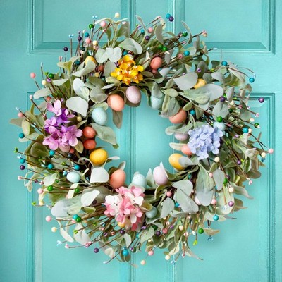 20 Inch Spring Easter Wreath with Eggs & Lambs Ear   Artificial Eucalyptus