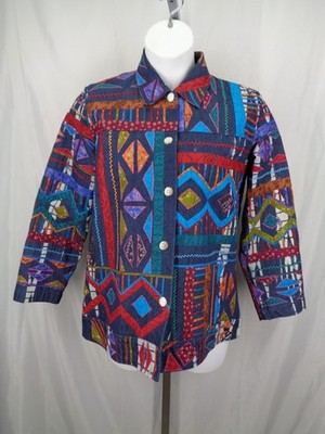 Chicos Design Patchwork Applique Embroidered Jean Jacket Size 1 (8) Medium
