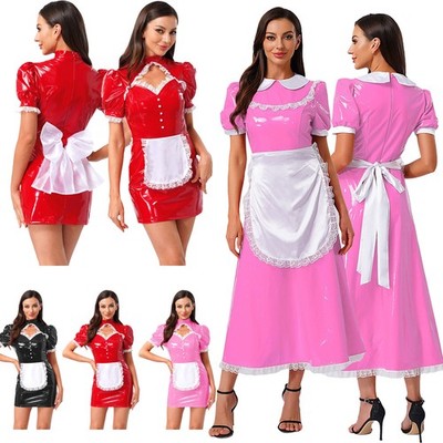 Women's Latex Maid Dress Leather Wet Look Halloween Costume Apron Tube Dress