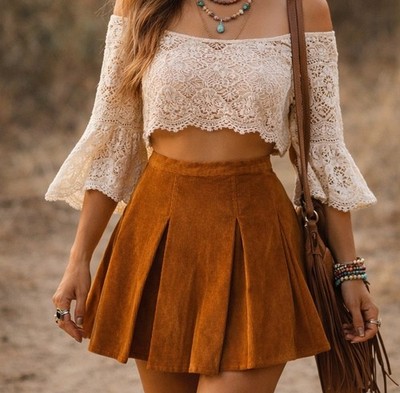 Corduroy Pleated Mini Skirt Copper Rose Rust Boho Stretch Juniors 15 SO