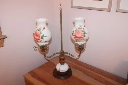 Vintage Milk Glass Double Hurricane electric table Lamp pink rose floral
