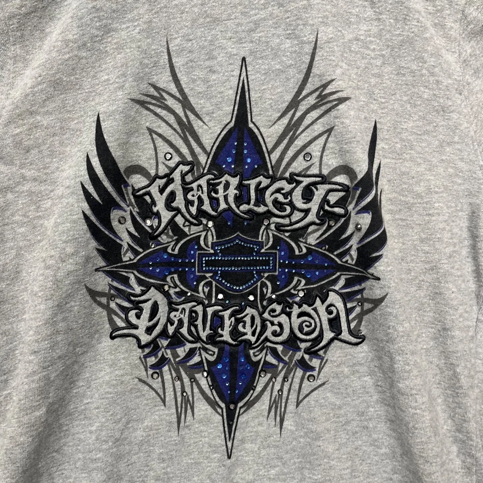 Sudadera con Capucha Harley Davidson Mujer M Gris Llamas Cremallera Completa Y2K Estrás Motocicleta Foto 2 de 4