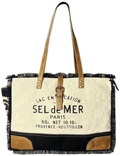 Canvas Leather Tote Bag for - Sel De Mer Upcycled Canvas Shoulder Bag Hobo Tr...