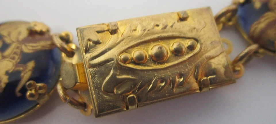 Juego de brazalete y pendiente vintage de porcelana bailarina tono dorado azul con oro Foto 4 de 4