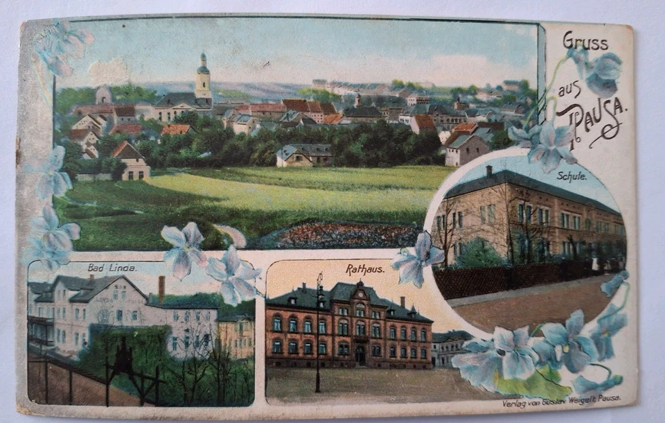 Gruss aus Pausa, Schule, Gesamt, Litho, 1920, Vogtland, Bad Linda, Rathaus - Bild 1 von 1