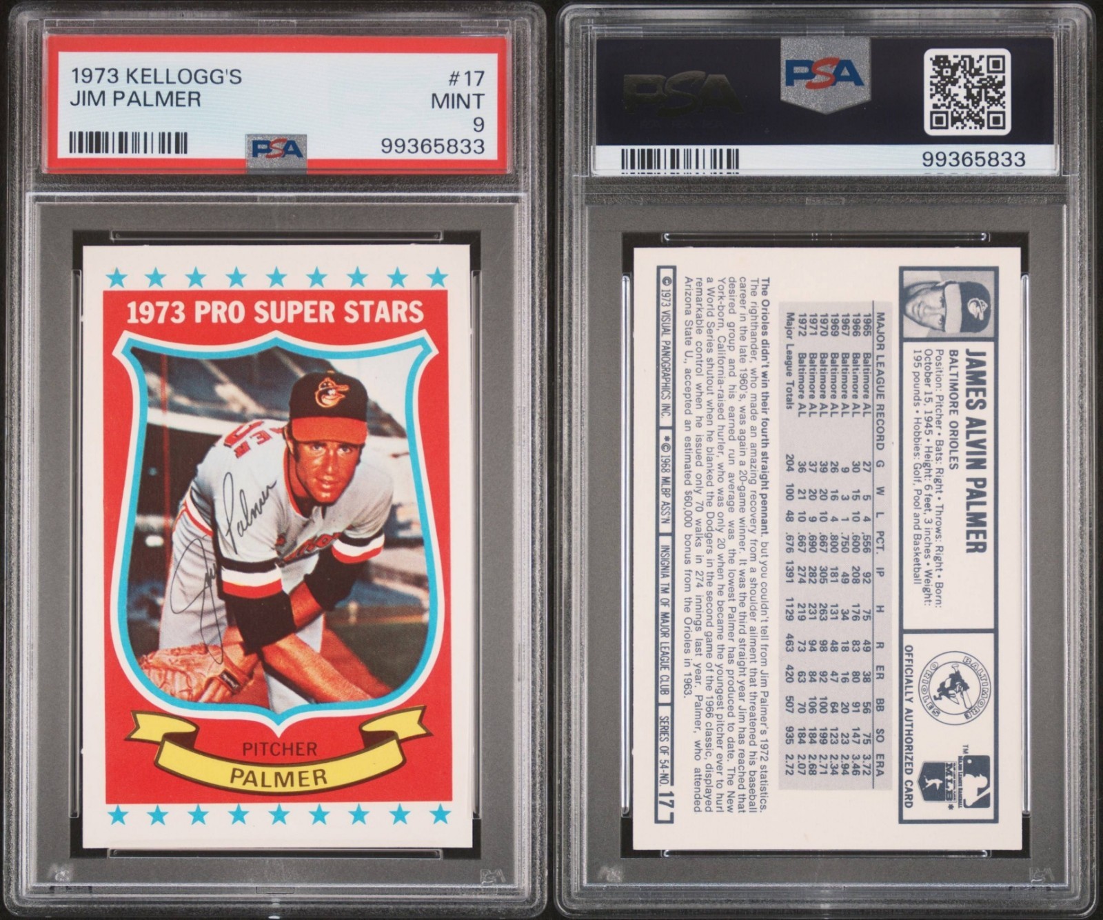 1973 KELLOGG'S #17 JIM PALMER BALTIMORE ORIOLES HOF PSA 9 VINTAGE NEW SLAB view 3