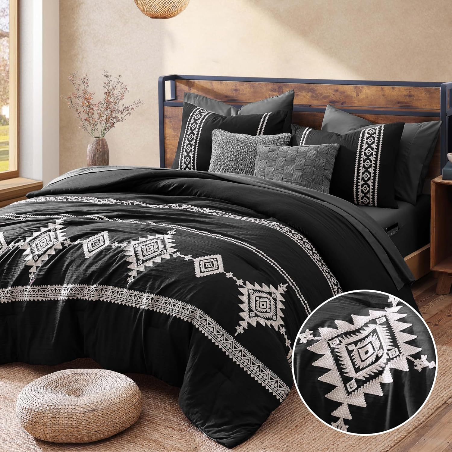 Embroidery Queen Size Comforter Set Black, Boho Farmhouse Western Bedding Set 7