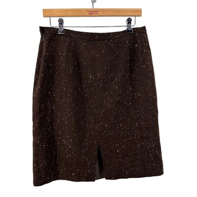 Jones New York Dotted Brown Pure Wool Mini Pencil Skirt Womens Size 14 Back Slit