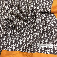 Christian Dior Silk Scarf 29in Trotter Monogram Logo Pattern Brown Yellow
