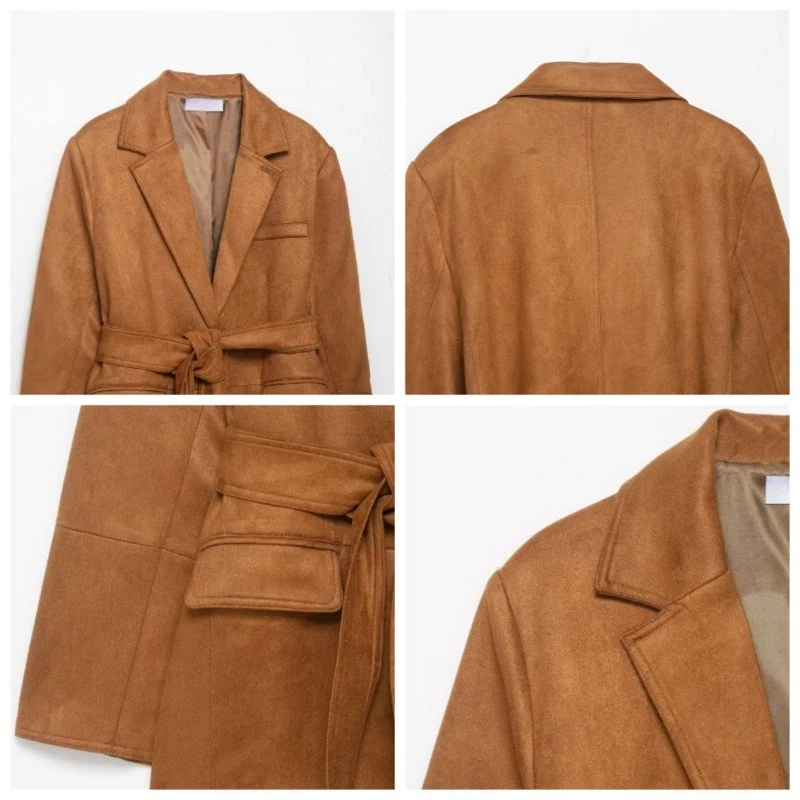 Moda Mujer Imitación Gamuza Traje Chaqueta Con Cordones Elegante Blazer Abrigo con Cinturón Elegante Foto 3 de 4