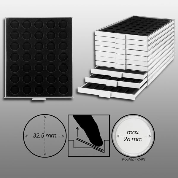 Prophila Münzbox grau 35 runde Fächer für Münzen bis 32,5mm (10-/20-Euro-Gedenkm
