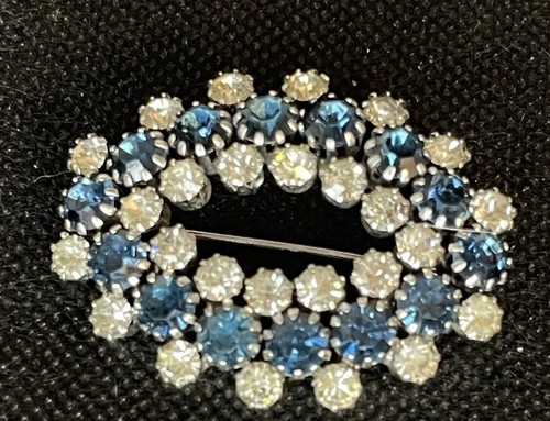 Retro Blue Glass Pin Brooch Crystal Silver Oval Circle Faceted Rhinestone Prong - Bild 3 von 12