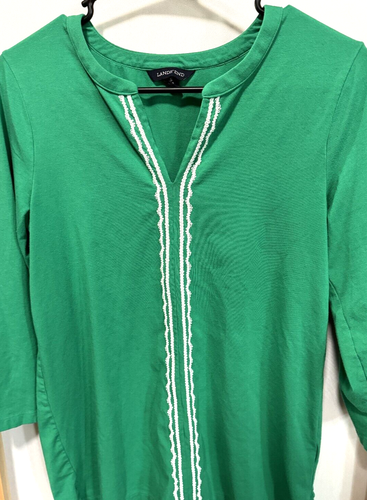 Lands End Tunic Top Womens Small 6-8 Green Split Neck Long Sleeve Trim SOFT