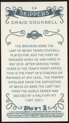 CRAIG COUNSELL 2016 Topps Allen & Ginter SKIPPERS Mini S-6 - Brewers SP - Picture 2 of 2