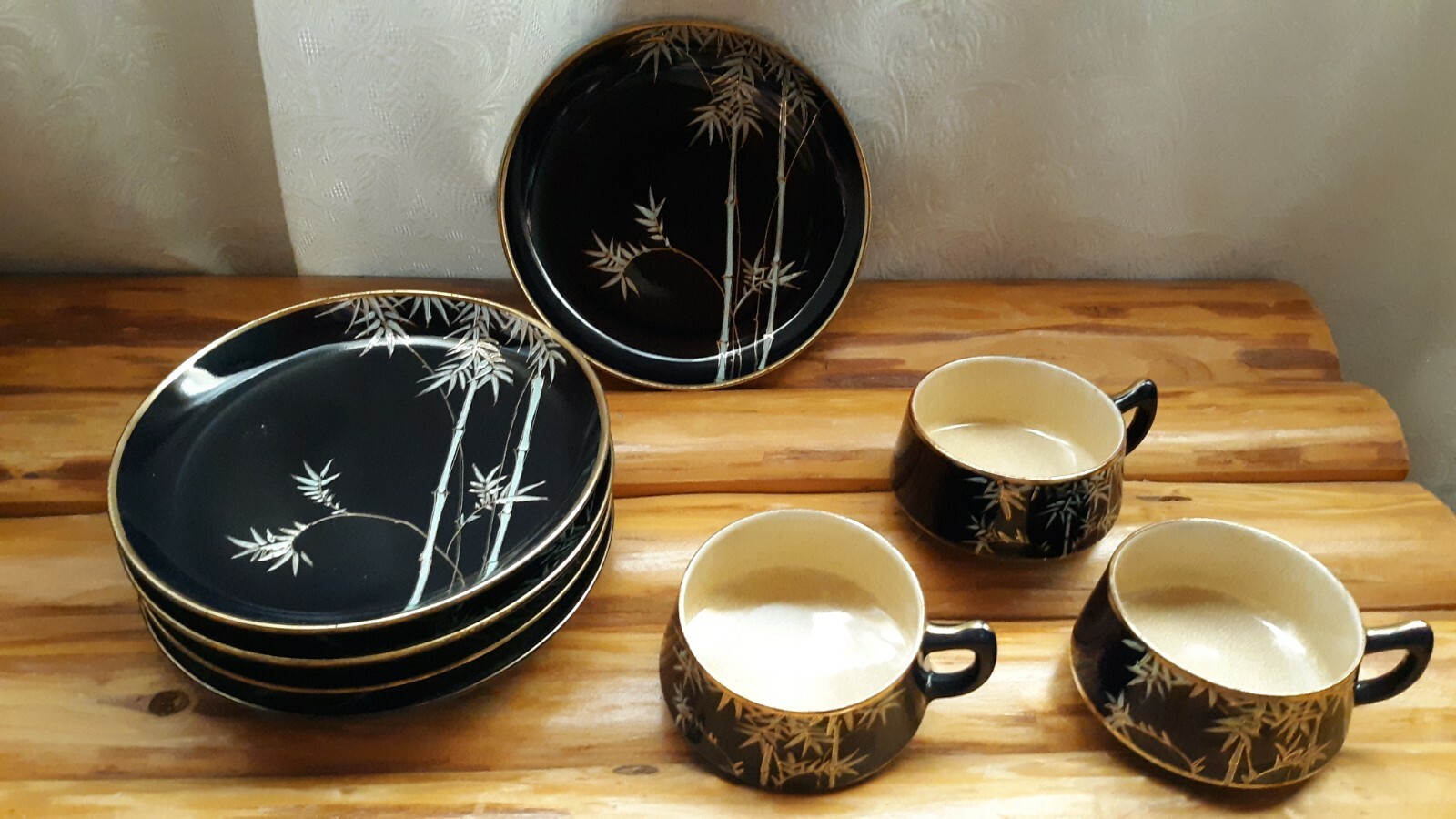 Vintage Soko China Hand Painted Midnight Blue Bamboo Design Plates or