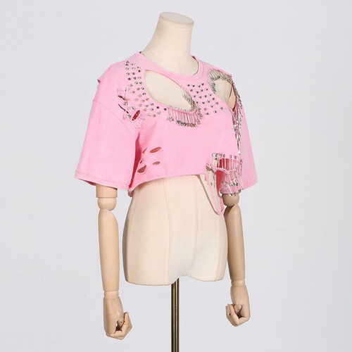 Personality Top Summer New Fashion Round Neck Hole Design Short T-Shirt Woman - Picture 10 of 20
