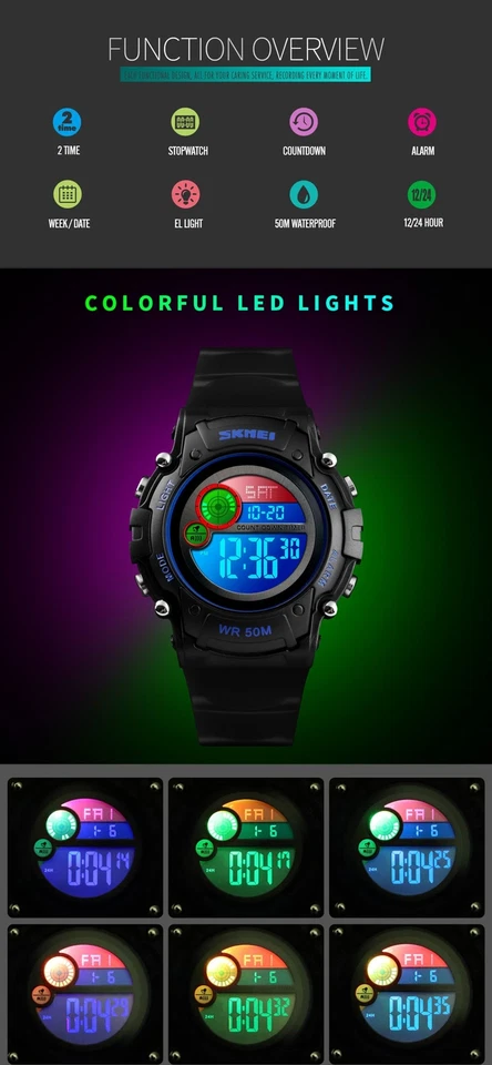 SKMEI 1477 Kinder LED Anzeige Sportuhr 50m Wasserdicht Digital Armbanduhr 5743 - Bild 3 von 4