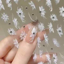 Embossed Nail Art Sticker Rhinestone White Flower Design Nail Art Decoration