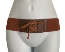 Womens Waist Belt OSFM Wide Elastic Stretch Fashion Faux Leather Brown Faux Tie