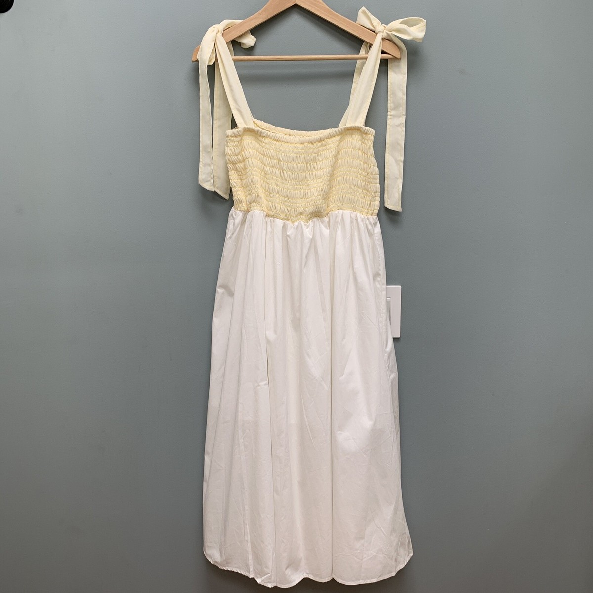 Kourt Drew Smocked Midi Dress in White Yellow Large | eBay