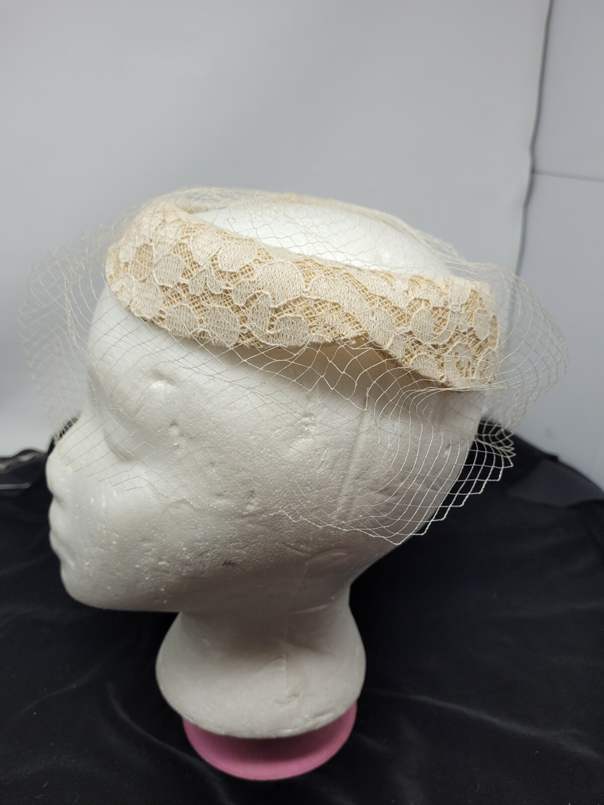 UNION MADE Black Hat W/ Netting Ecru Floral Lace … - image 4