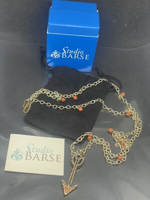 Barse GoldTone Orange Carnelian? Beads Arrow Pendant Adjust. 30  Chain Necklace
