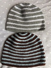 2 HAND CROCHETED UNISEX BEANIE SKULL CAP HATS brown/blue  grey/white